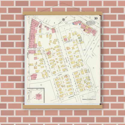 Old map wall art mockup — magnetic wood frame on brick wall — Sanborn Fire Insurance Map from Benton Harbor, Berrien County, Michigan (1917), Sheet #0010