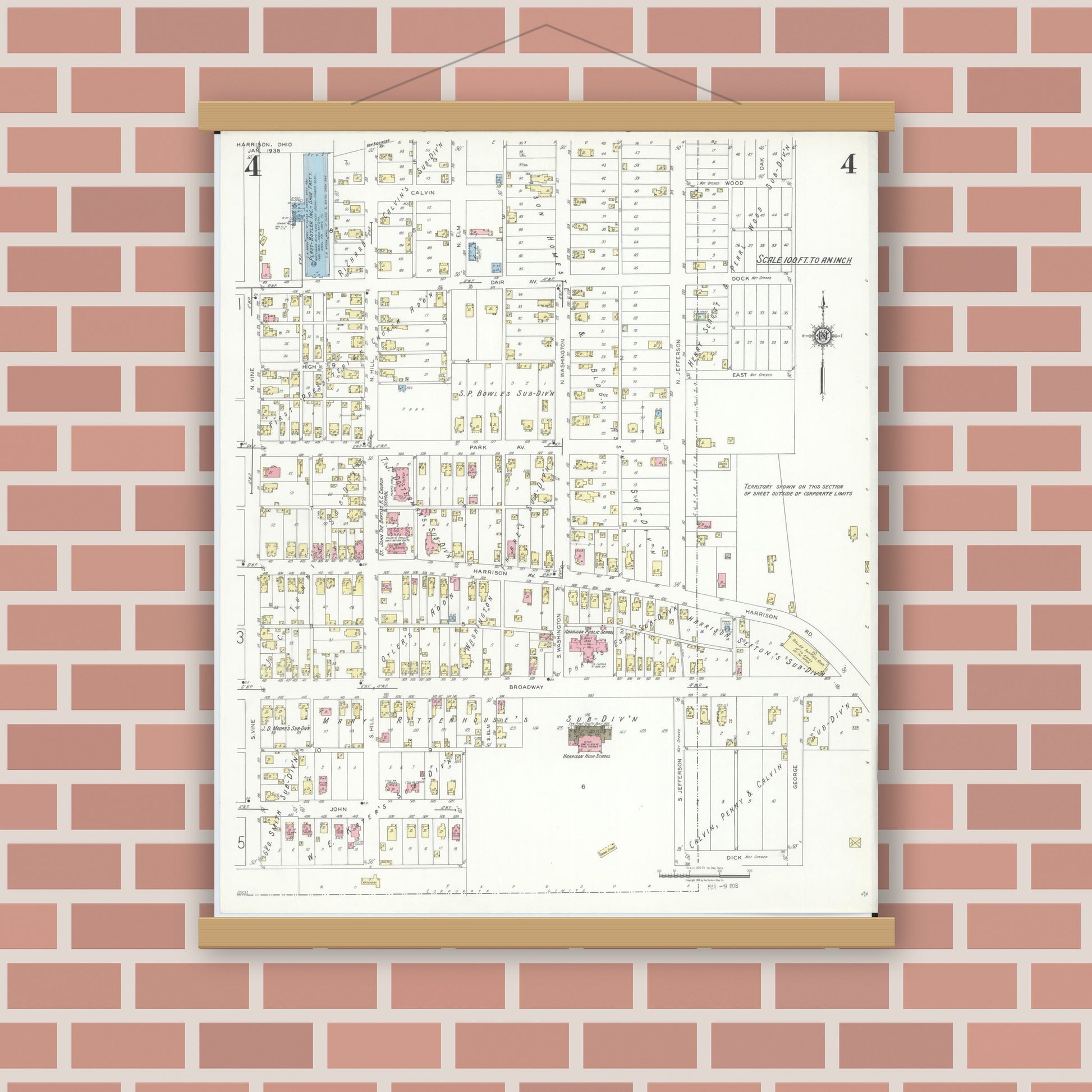Old map wall art mockup — magnetic wood frame on brick wall — Sanborn Fire Insurance Map from Harrison, Hamilton County, Ohio (1938), Sheet #0004