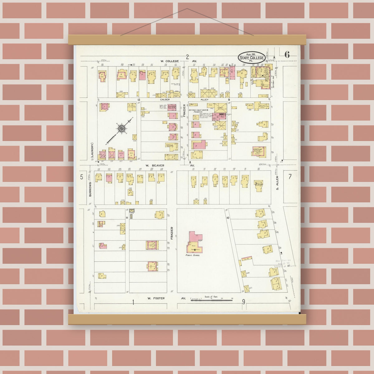 Old map wall art mockup — magnetic wood frame on brick wall — Sanborn Fire Insurance Map from State College, Centre County, Pennsylvania (1911), Sheet #0006