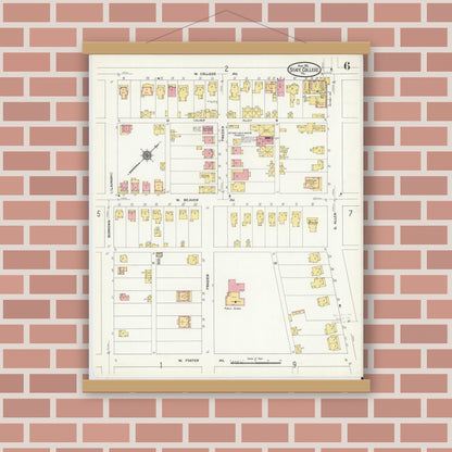 Old map wall art mockup — magnetic wood frame on brick wall — Sanborn Fire Insurance Map from State College, Centre County, Pennsylvania (1911), Sheet #0006