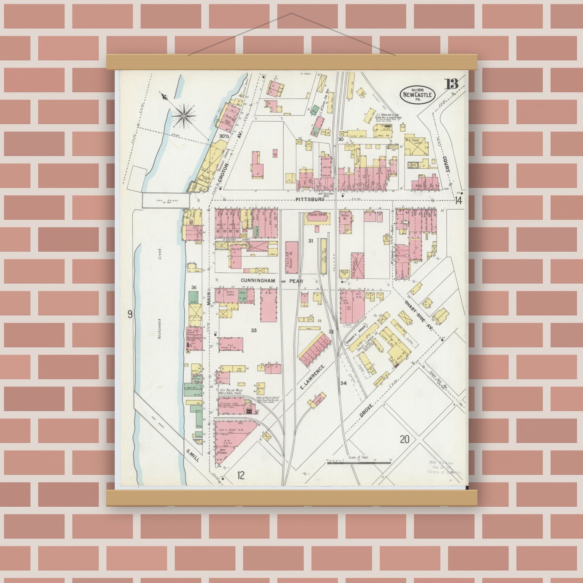 Old map wall art mockup — magnetic wood frame on brick wall — Sanborn Fire Insurance Map from New Castle, Lawrence County, Pennsylvania (1899), Sheet #0013