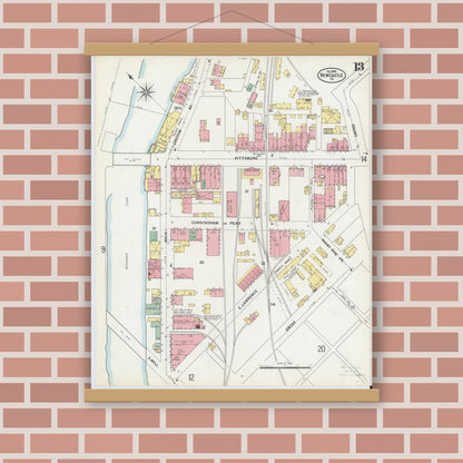 Old map wall art mockup — magnetic wood frame on brick wall — Sanborn Fire Insurance Map from New Castle, Lawrence County, Pennsylvania (1899), Sheet #0013