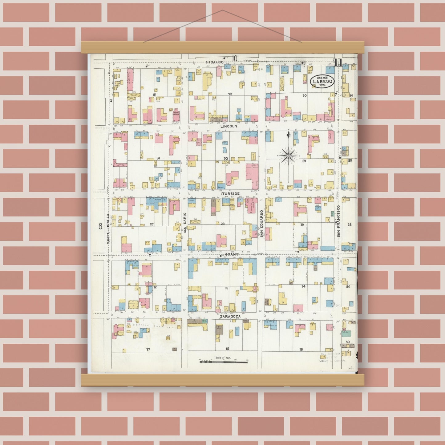 Old map wall art mockup — magnetic wood frame on brick wall — Sanborn Fire Insurance Map from Laredo, Webb County, Texas (1905), Sheet #0011