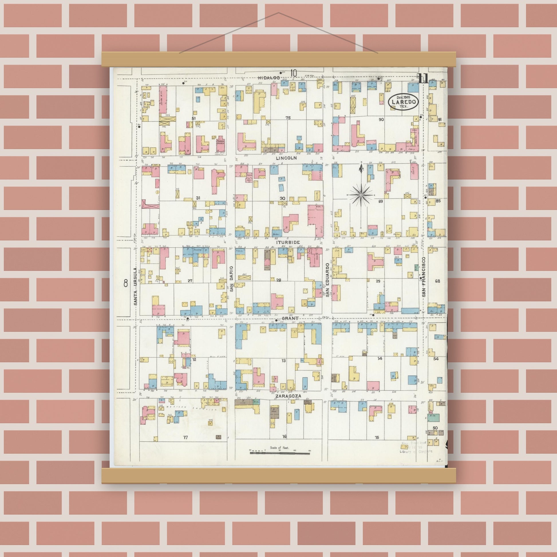 Old map wall art mockup — magnetic wood frame on brick wall — Sanborn Fire Insurance Map from Laredo, Webb County, Texas (1905), Sheet #0011