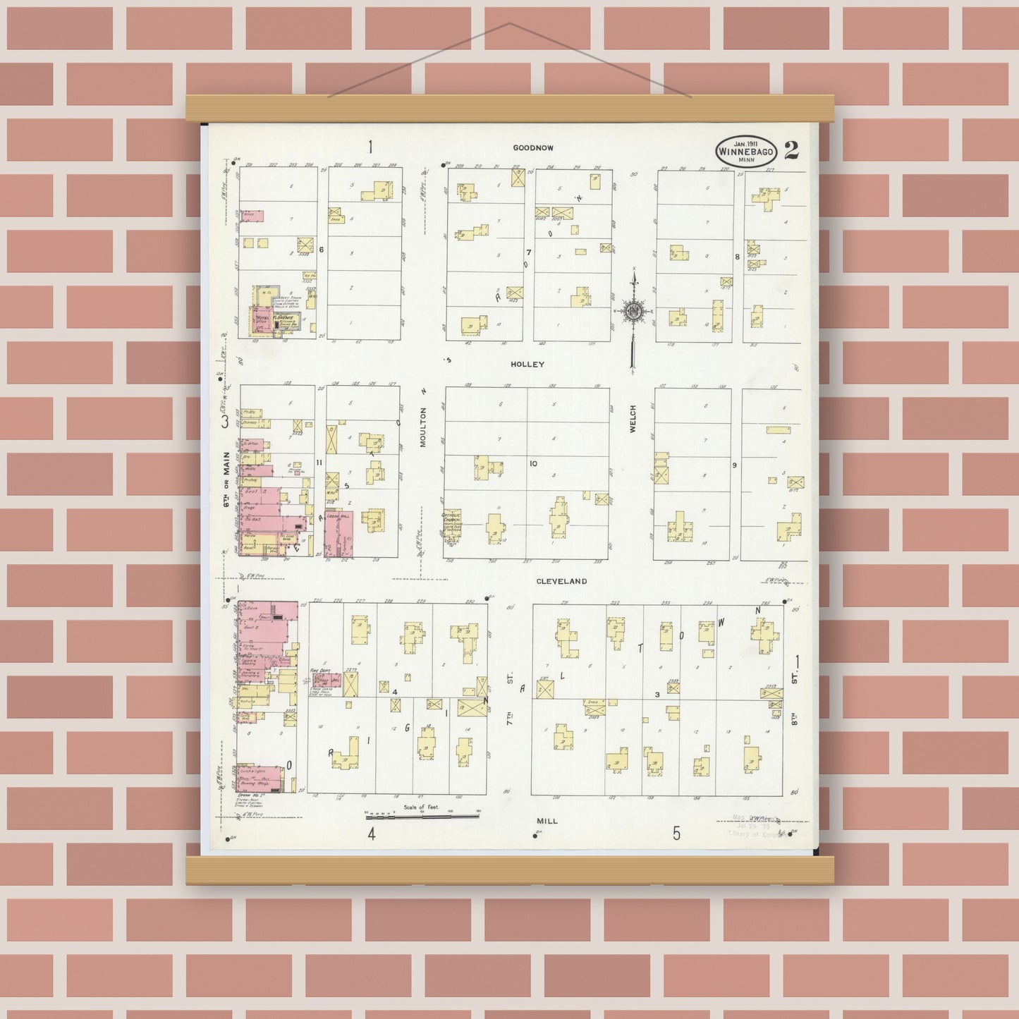 Old map wall art mockup — magnetic wood frame on brick wall — Sanborn Fire Insurance Map from Winnebago, Faribault County, Minnesota (1911), Sheet #0002