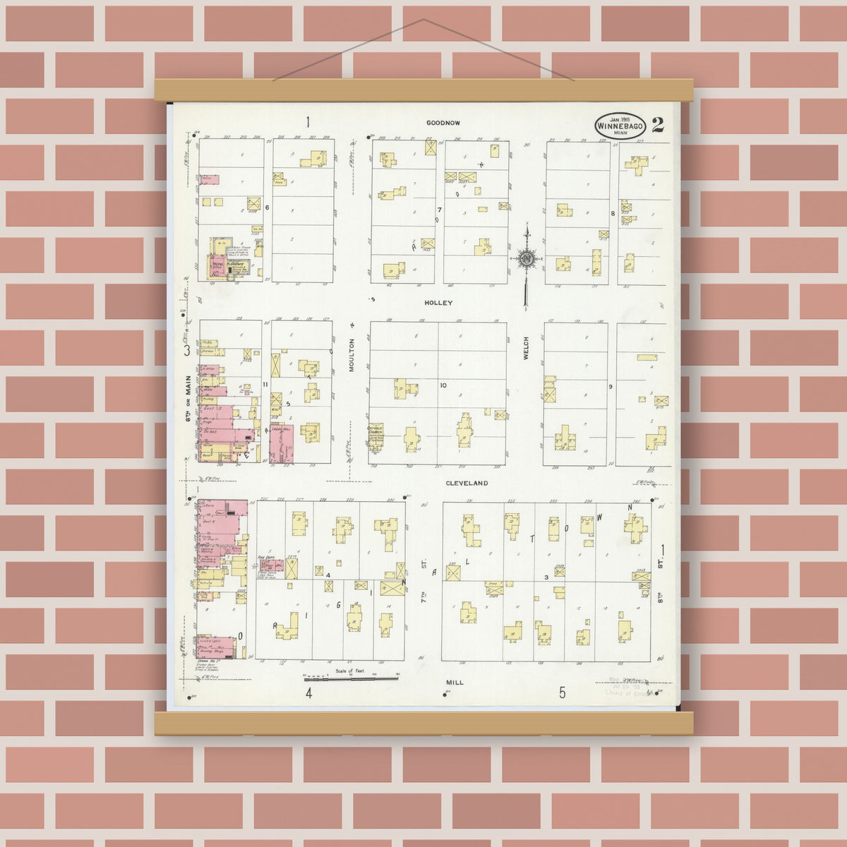Old map wall art mockup — magnetic wood frame on brick wall — Sanborn Fire Insurance Map from Winnebago, Faribault County, Minnesota (1911), Sheet #0002