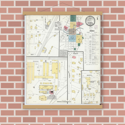 Old map wall art mockup — magnetic wood frame on brick wall — Sanborn Fire Insurance Map from Saint Marys, Auglaize County, Ohio (1901) - Complete Map Set