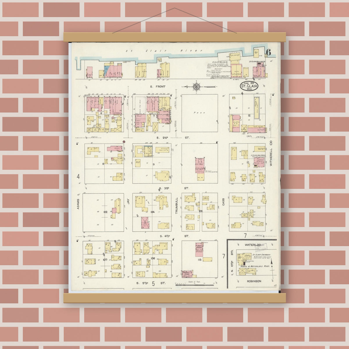 Old map wall art mockup — magnetic wood frame on brick wall — Sanborn Fire Insurance Map from Saint Clair, Saint Clair County, Michigan (1913), Sheet #0006
