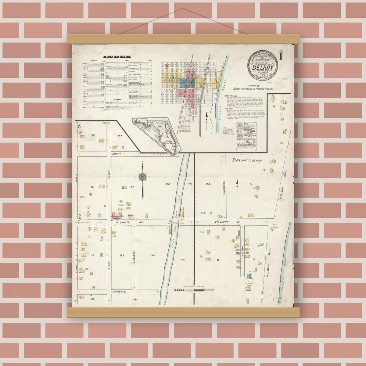 Old map wall art mockup — magnetic wood frame on brick wall — Sanborn Fire Insurance Map from Delray, Palm Beach County, Florida (1922) - Complete Map Set