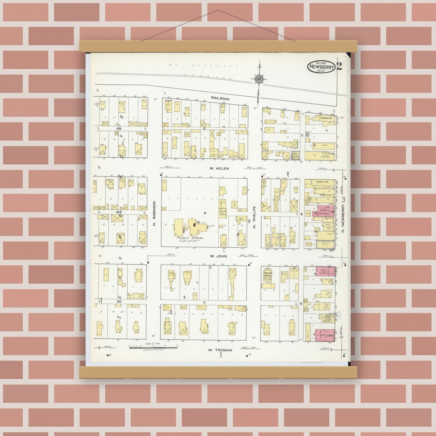Old map wall art mockup — magnetic wood frame on brick wall — Sanborn Fire Insurance Map from Newberry, Luce County, Michigan (1917), Sheet #0002