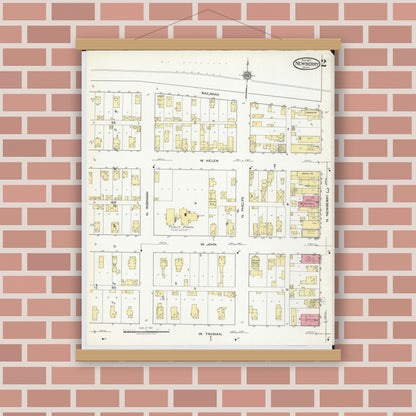 Old map wall art mockup — magnetic wood frame on brick wall — Sanborn Fire Insurance Map from Newberry, Luce County, Michigan (1917), Sheet #0002