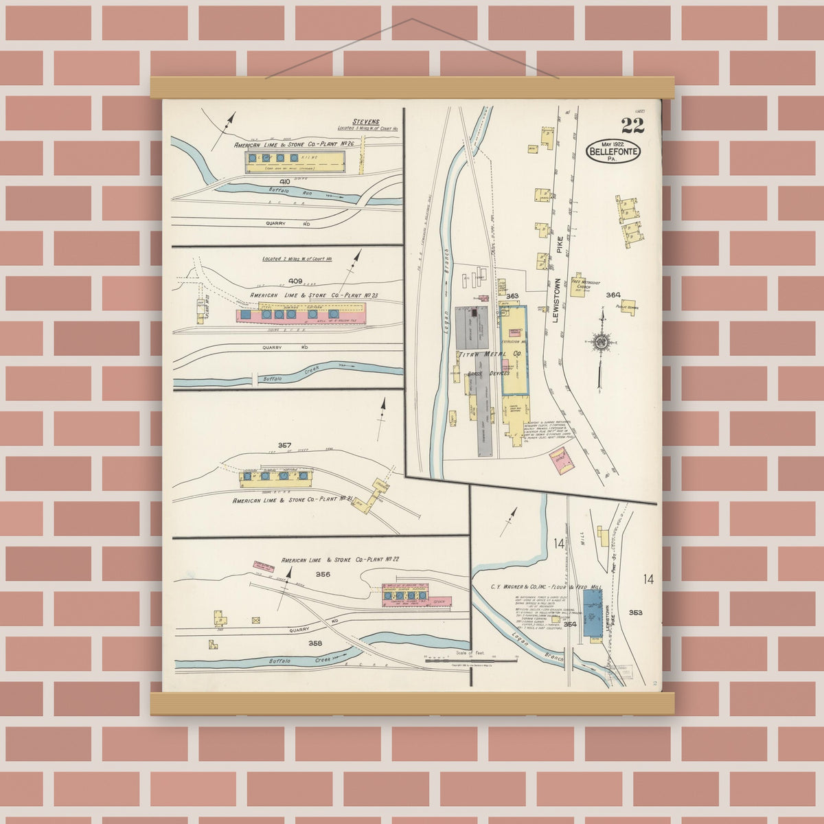 Old map wall art mockup — magnetic wood frame on brick wall — Sanborn Fire Insurance Map from Bellefonte, Centre County, Pennsylvania (1922), Sheet #0022