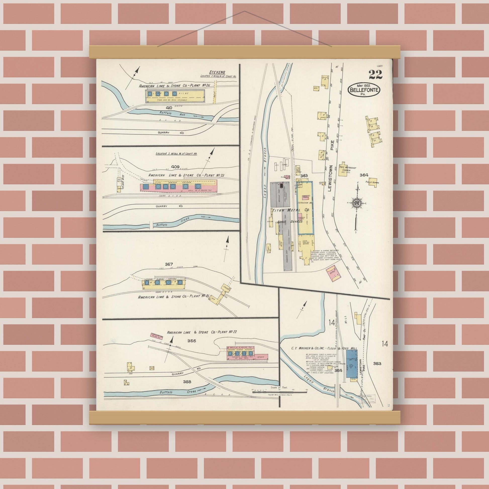 Old map wall art mockup — magnetic wood frame on brick wall — Sanborn Fire Insurance Map from Bellefonte, Centre County, Pennsylvania (1922), Sheet #0022