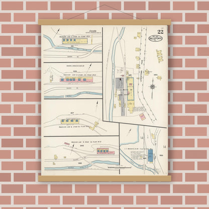 Old map wall art mockup — magnetic wood frame on brick wall — Sanborn Fire Insurance Map from Bellefonte, Centre County, Pennsylvania (1922), Sheet #0022