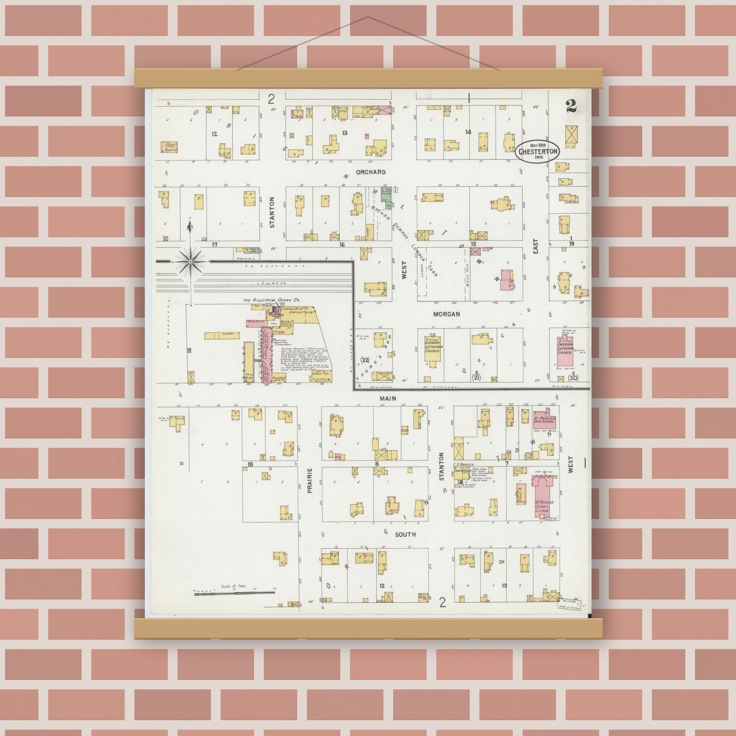 Old map wall art mockup — magnetic wood frame on brick wall — Sanborn Fire Insurance Map from Chesterton, Porter County, Indiana (1899), Sheet #0002