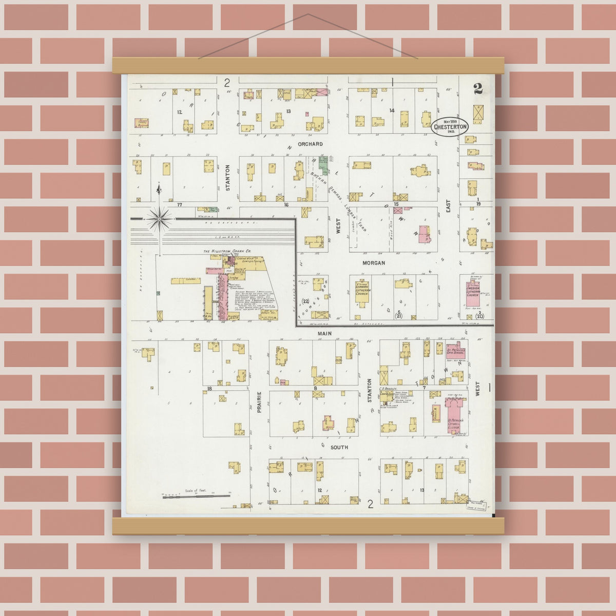 Old map wall art mockup — magnetic wood frame on brick wall — Sanborn Fire Insurance Map from Chesterton, Porter County, Indiana (1899), Sheet #0002