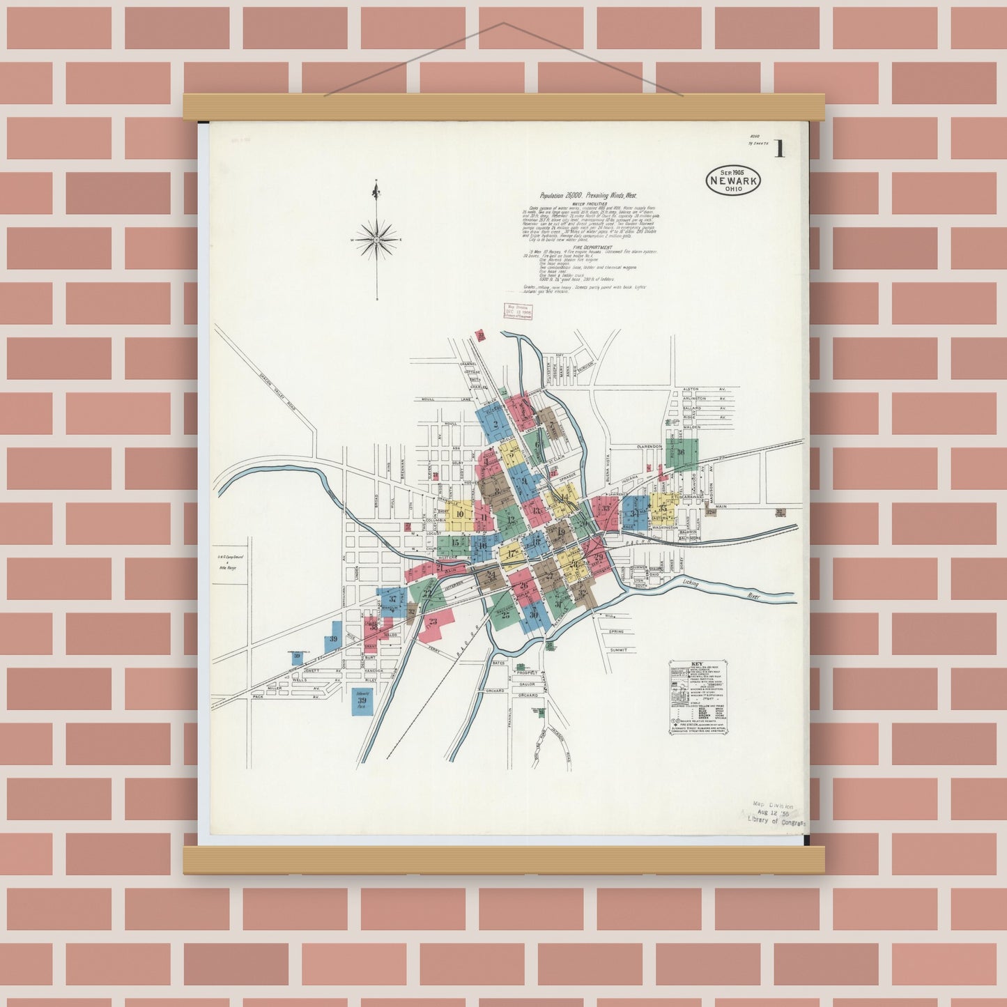 Old map wall art mockup — magnetic wood frame on brick wall — Sanborn Fire Insurance Map from Newark, Licking County, Ohio (1905) - Complete Map Set