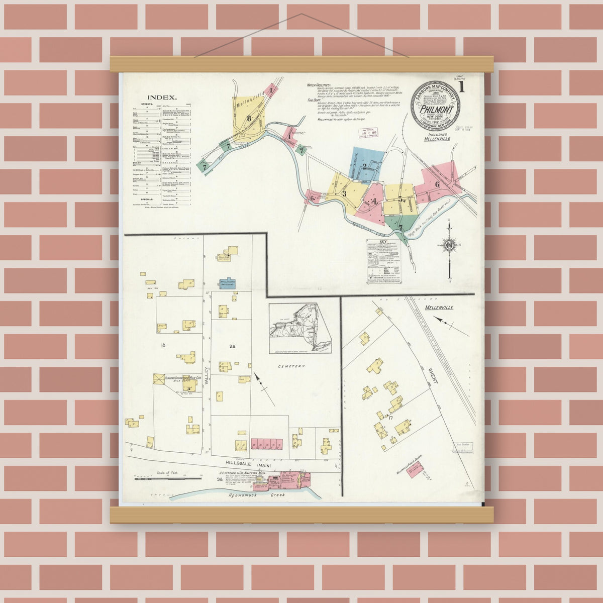 Old map wall art mockup — magnetic wood frame on brick wall — Sanborn Fire Insurance Map from Philmont, Columbia County, New York (1912) - Complete Map Set