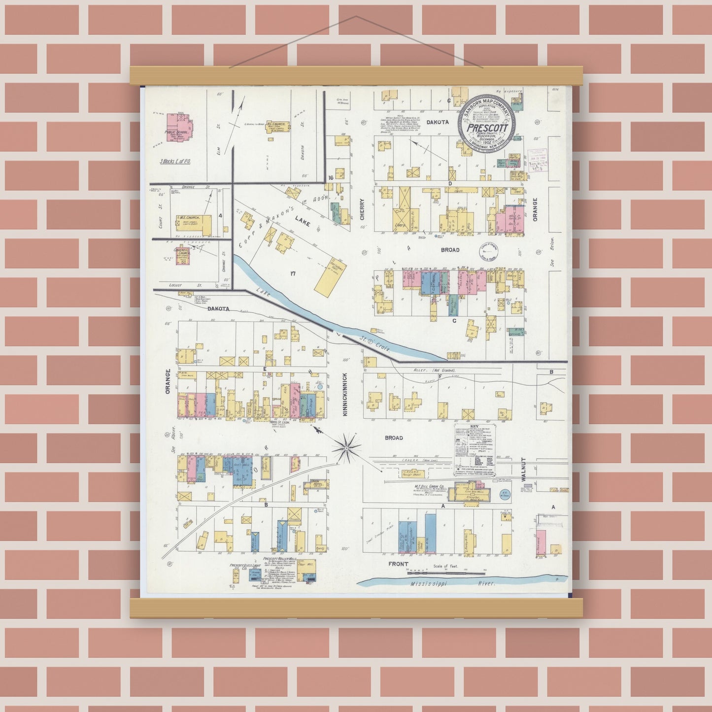 Old map wall art mockup — magnetic wood frame on brick wall — Sanborn Fire Insurance Map from Prescott, Pierce County, Wisconsin (1902), Sheet #0001