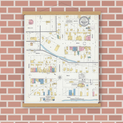 Old map wall art mockup — magnetic wood frame on brick wall — Sanborn Fire Insurance Map from Prescott, Pierce County, Wisconsin (1902), Sheet #0001