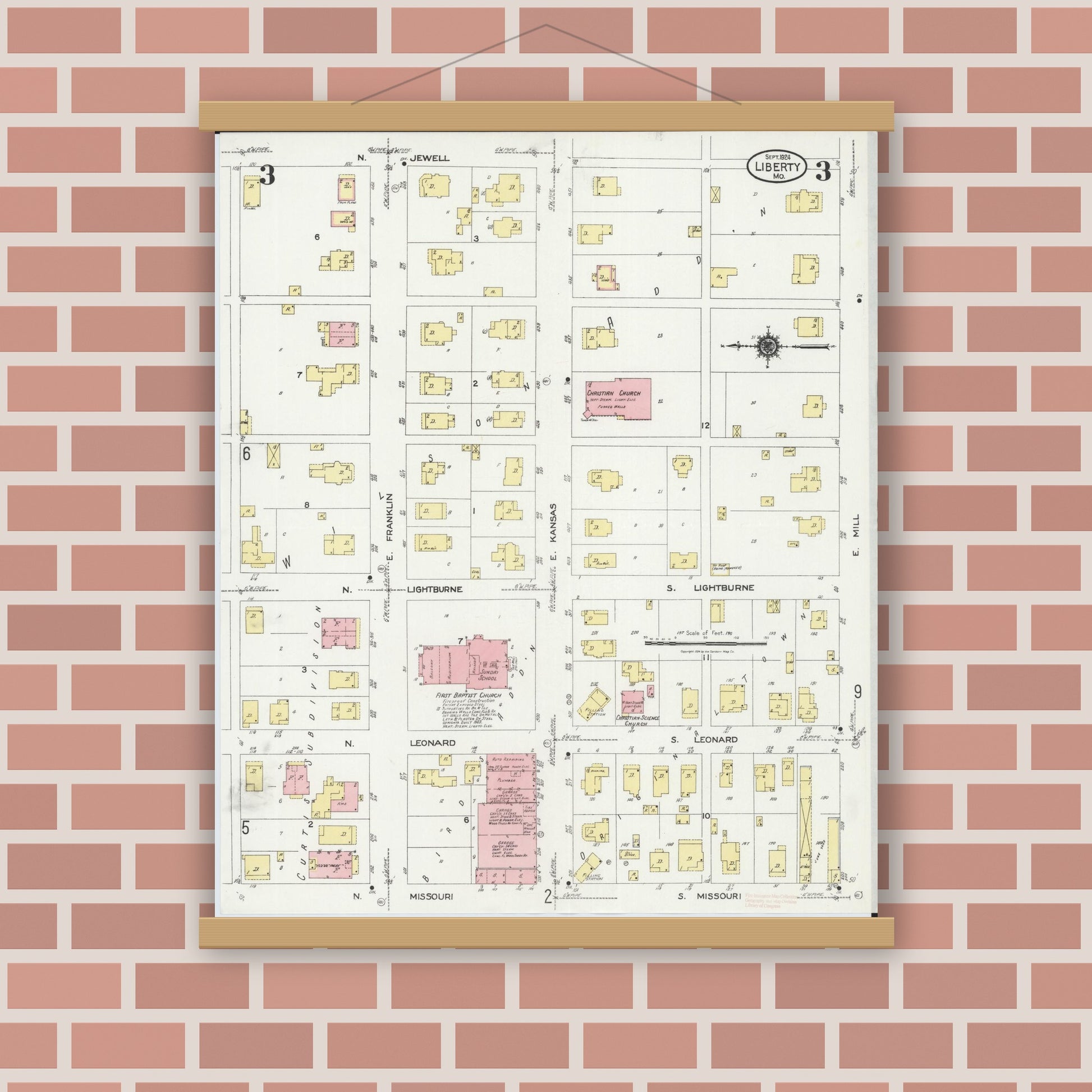 Old map wall art mockup — magnetic wood frame on brick wall — Sanborn Fire Insurance Map from Leadwood, Saint Francois County, Missouri (1927), Sheet #0003