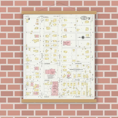 Old map wall art mockup — magnetic wood frame on brick wall — Sanborn Fire Insurance Map from Leadwood, Saint Francois County, Missouri (1927), Sheet #0003