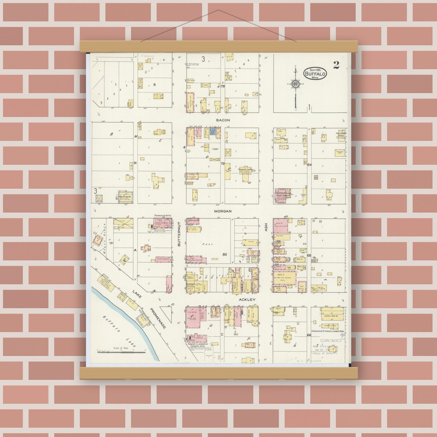 Old map wall art mockup — magnetic wood frame on brick wall — Sanborn Fire Insurance Map from Buffalo, Wright County, Minnesota (1915), Sheet #0002
