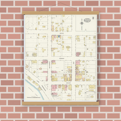Old map wall art mockup — magnetic wood frame on brick wall — Sanborn Fire Insurance Map from Buffalo, Wright County, Minnesota (1915), Sheet #0002
