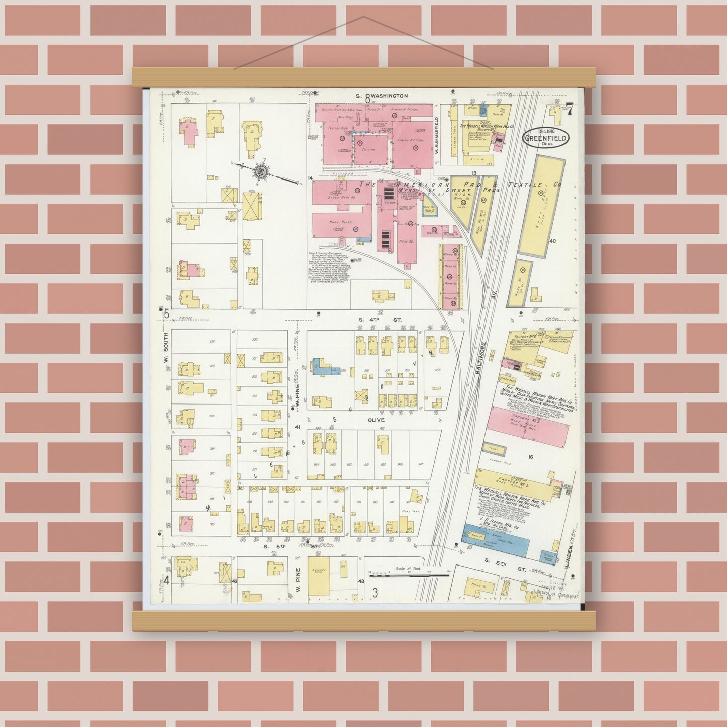 Old map wall art mockup — magnetic wood frame on brick wall — Sanborn Fire Insurance Map from Greenfield, Highland County, Ohio (1910), Sheet #0007