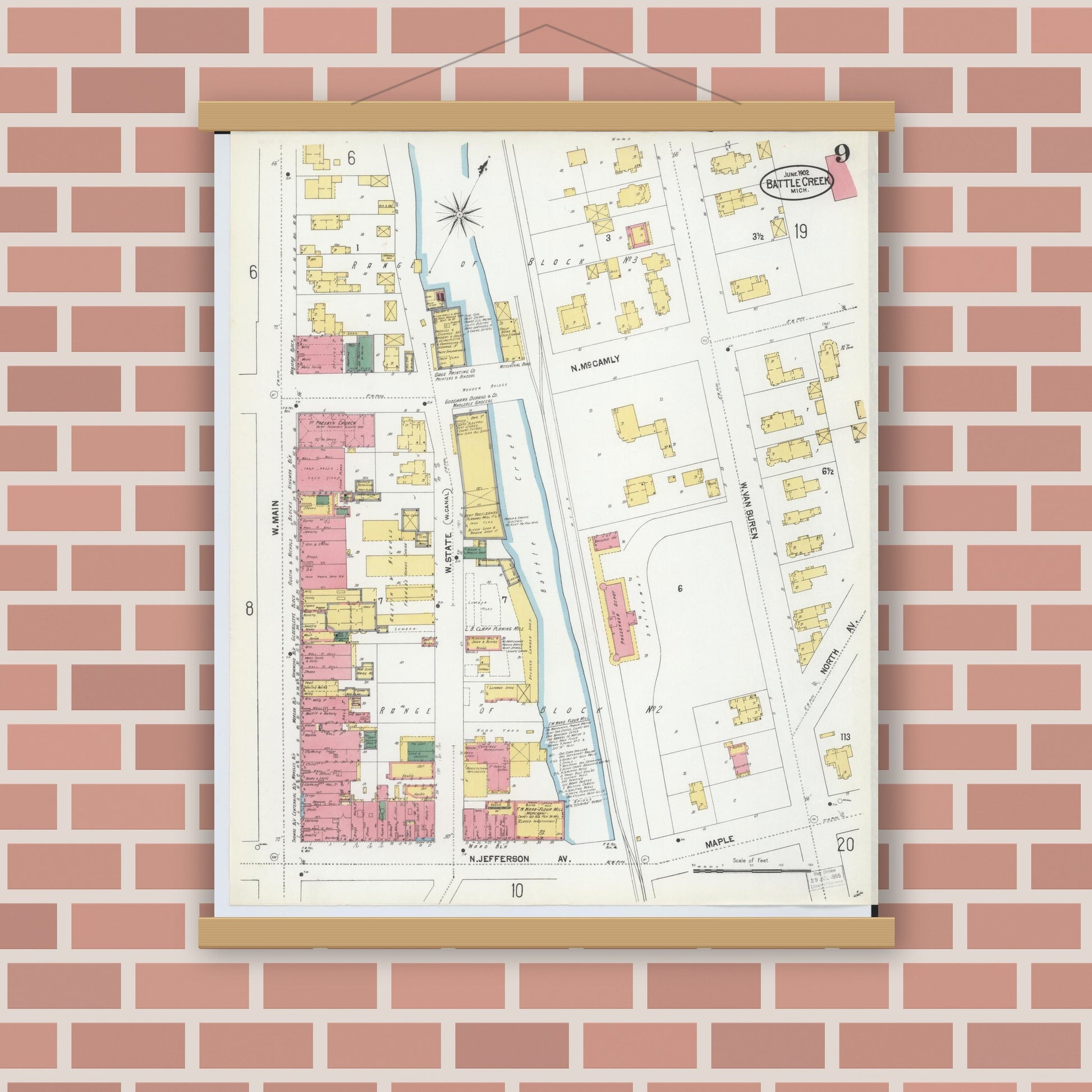 Old map wall art mockup — magnetic wood frame on brick wall — Sanborn Fire Insurance Map from Battle Creek, Calhoun County, Michigan (1902), Sheet #0009