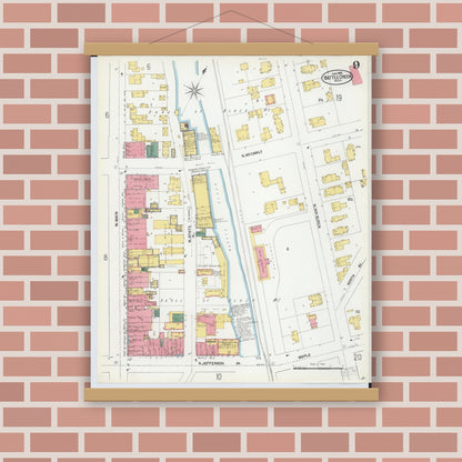 Old map wall art mockup — magnetic wood frame on brick wall — Sanborn Fire Insurance Map from Battle Creek, Calhoun County, Michigan (1902), Sheet #0009