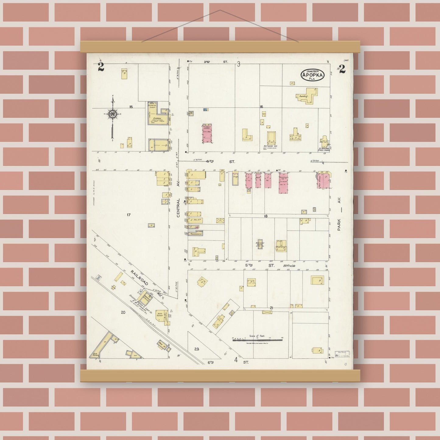 Old map wall art mockup — magnetic wood frame on brick wall — Sanborn Fire Insurance Map from Apopka, Orange County, Florida (1924), Sheet #0002