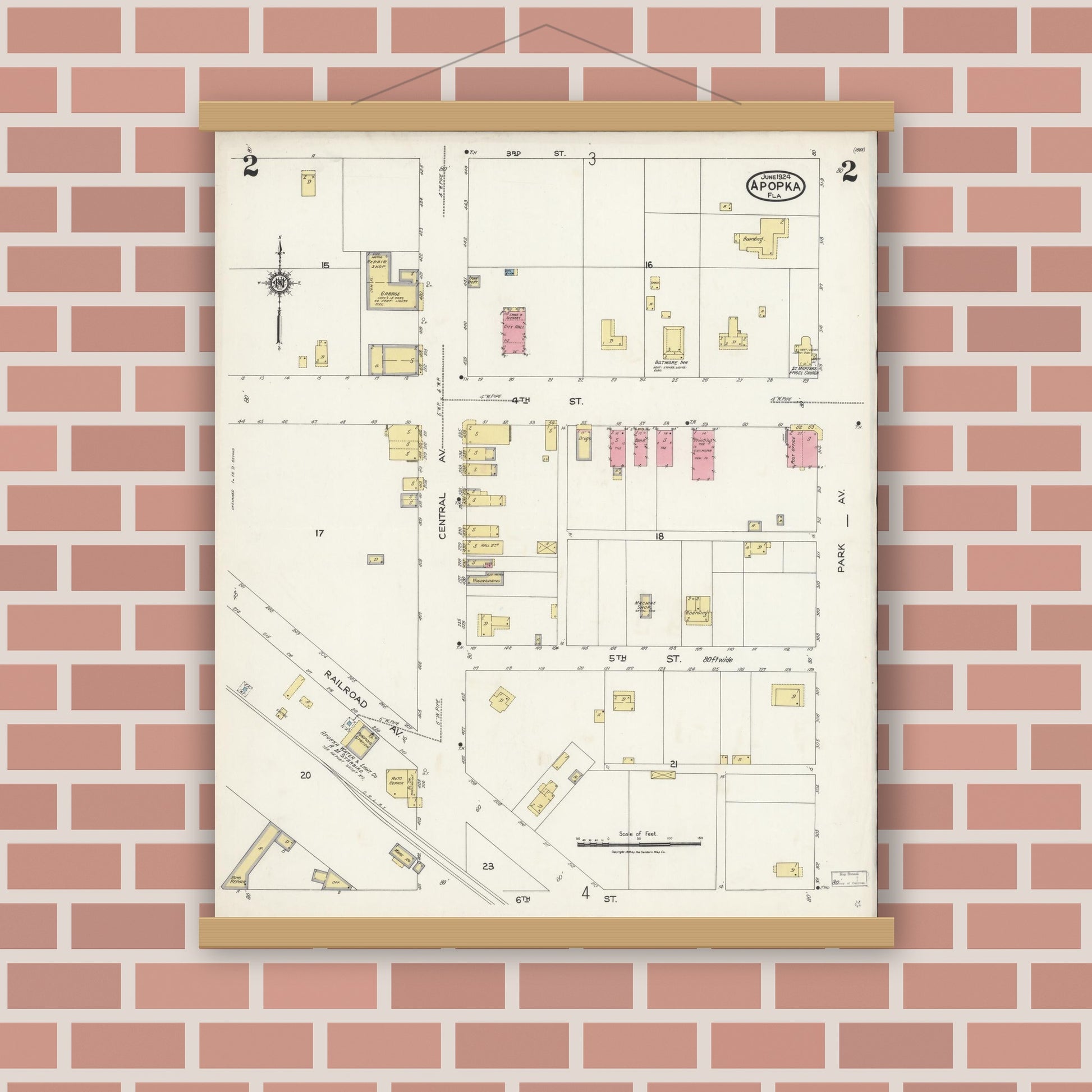 Old map wall art mockup — magnetic wood frame on brick wall — Sanborn Fire Insurance Map from Apopka, Orange County, Florida (1924), Sheet #0002