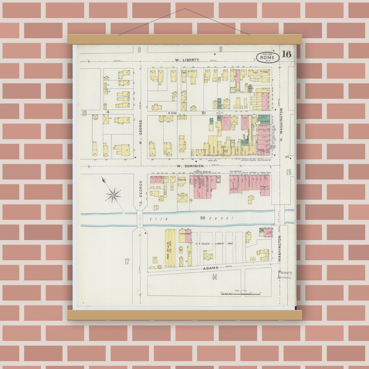 Old map wall art mockup — magnetic wood frame on brick wall — Sanborn Fire Insurance Map from Rome, Oneida County, New York (1894), Sheet #0016