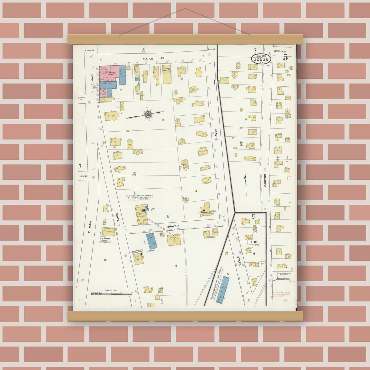 Old map wall art mockup — magnetic wood frame on brick wall — Sanborn Fire Insurance Map from Sodus, Wayne County, New York (1911), Sheet #0005