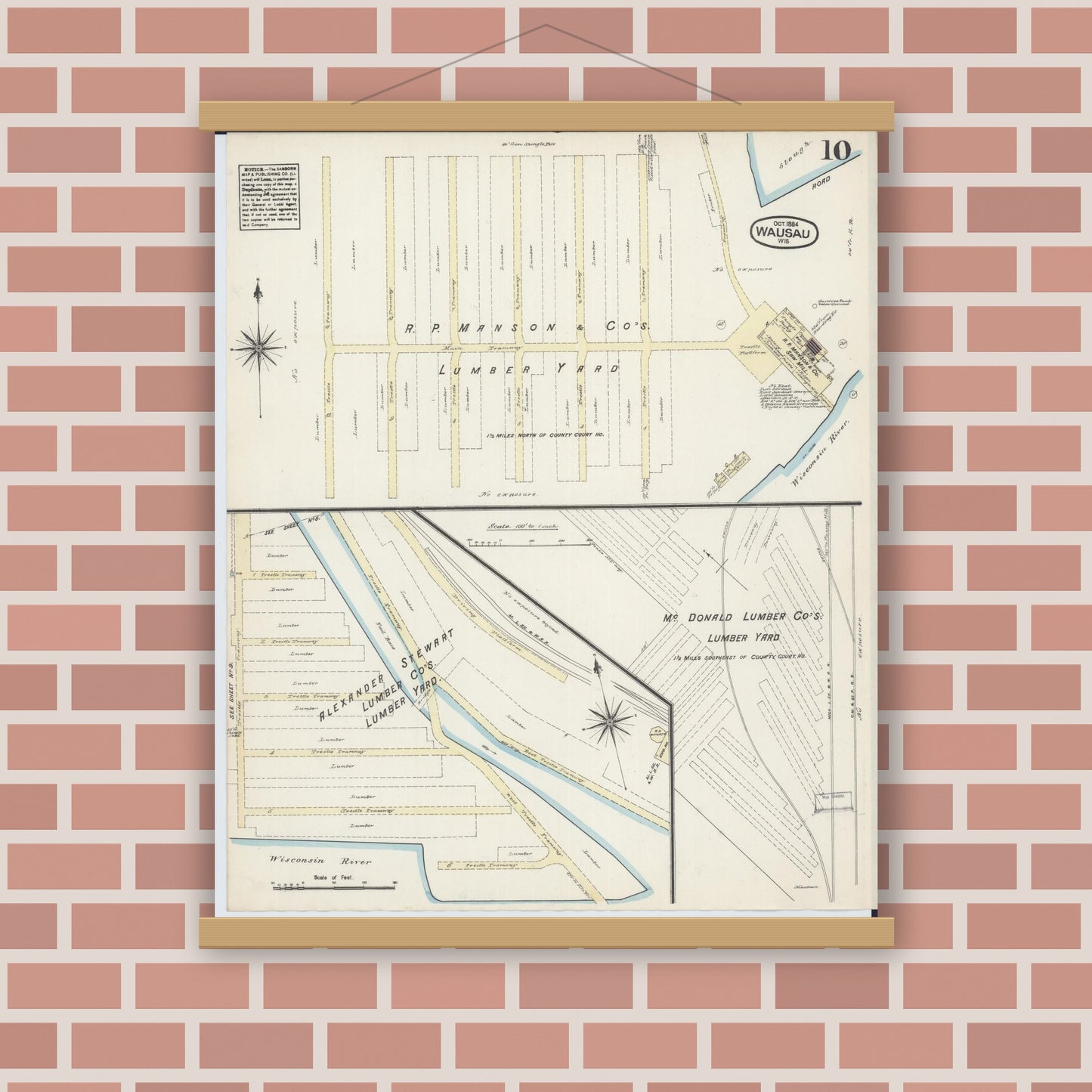 Old map wall art mockup — magnetic wood frame on brick wall — Sanborn Fire Insurance Map from Wausau, Marathon County, Wisconsin (1884), Sheet #0010