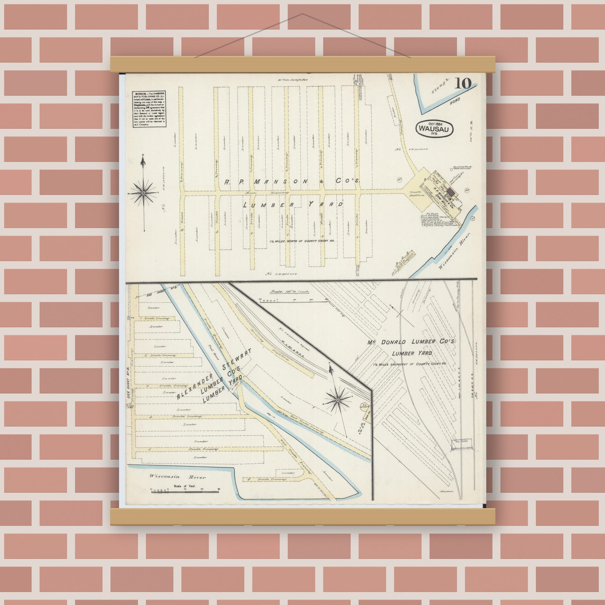 Old map wall art mockup — magnetic wood frame on brick wall — Sanborn Fire Insurance Map from Wausau, Marathon County, Wisconsin (1884), Sheet #0010