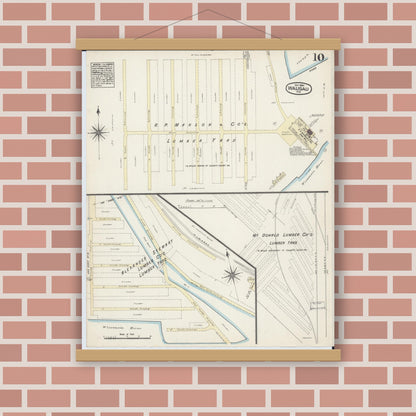 Old map wall art mockup — magnetic wood frame on brick wall — Sanborn Fire Insurance Map from Wausau, Marathon County, Wisconsin (1884), Sheet #0010