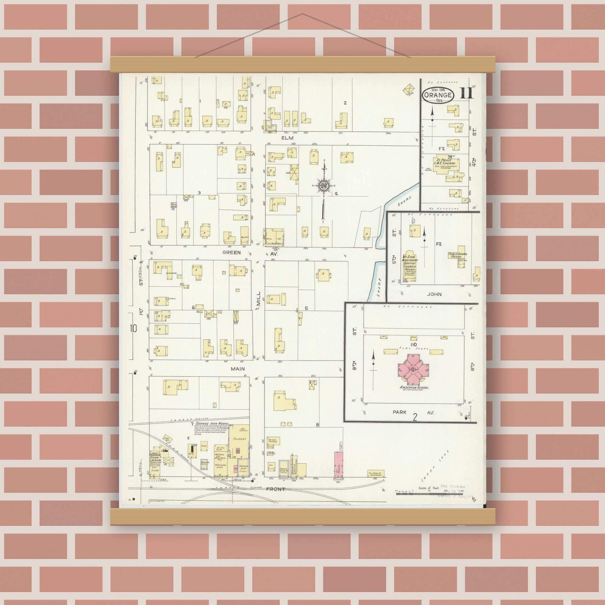 Old map wall art mockup — magnetic wood frame on brick wall — Sanborn Fire Insurance Map from Orange, Orange County, Texas (1914), Sheet #0011