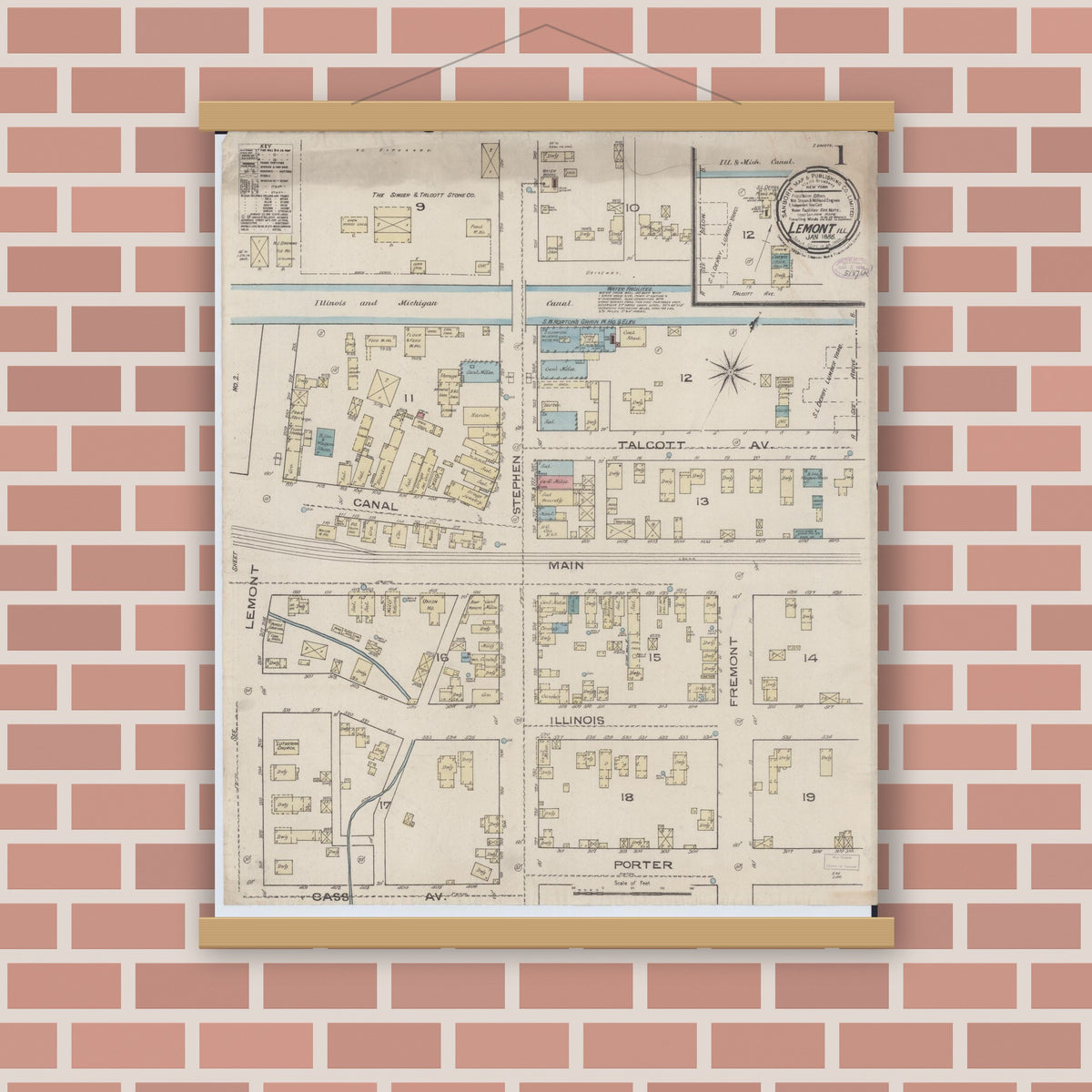Old map wall art mockup — magnetic wood frame on brick wall — Sanborn Fire Insurance Map from Lemont, Cook County, Illinois (1886) - Complete Map Set