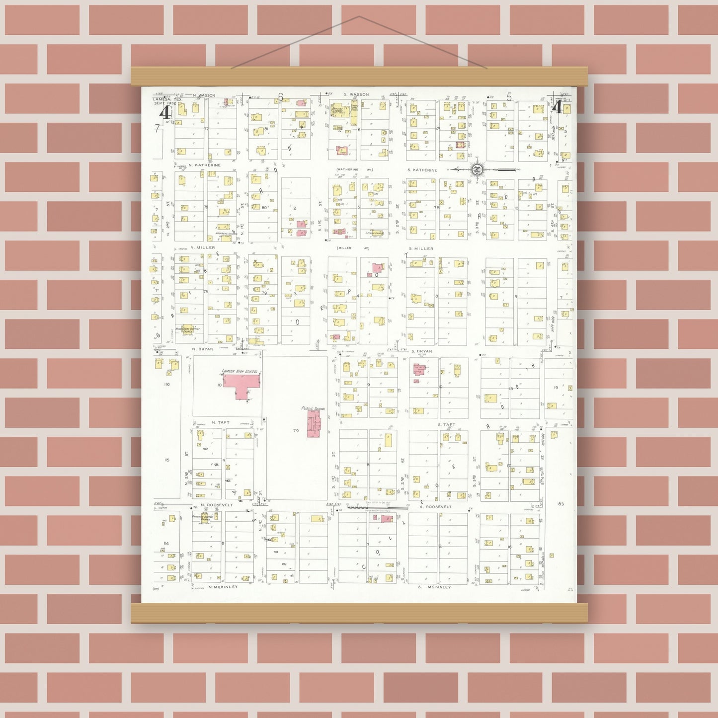 Old map wall art mockup — magnetic wood frame on brick wall — Sanborn Fire Insurance Map from Lamesa, Dawson County, Texas (1932), Sheet #0004