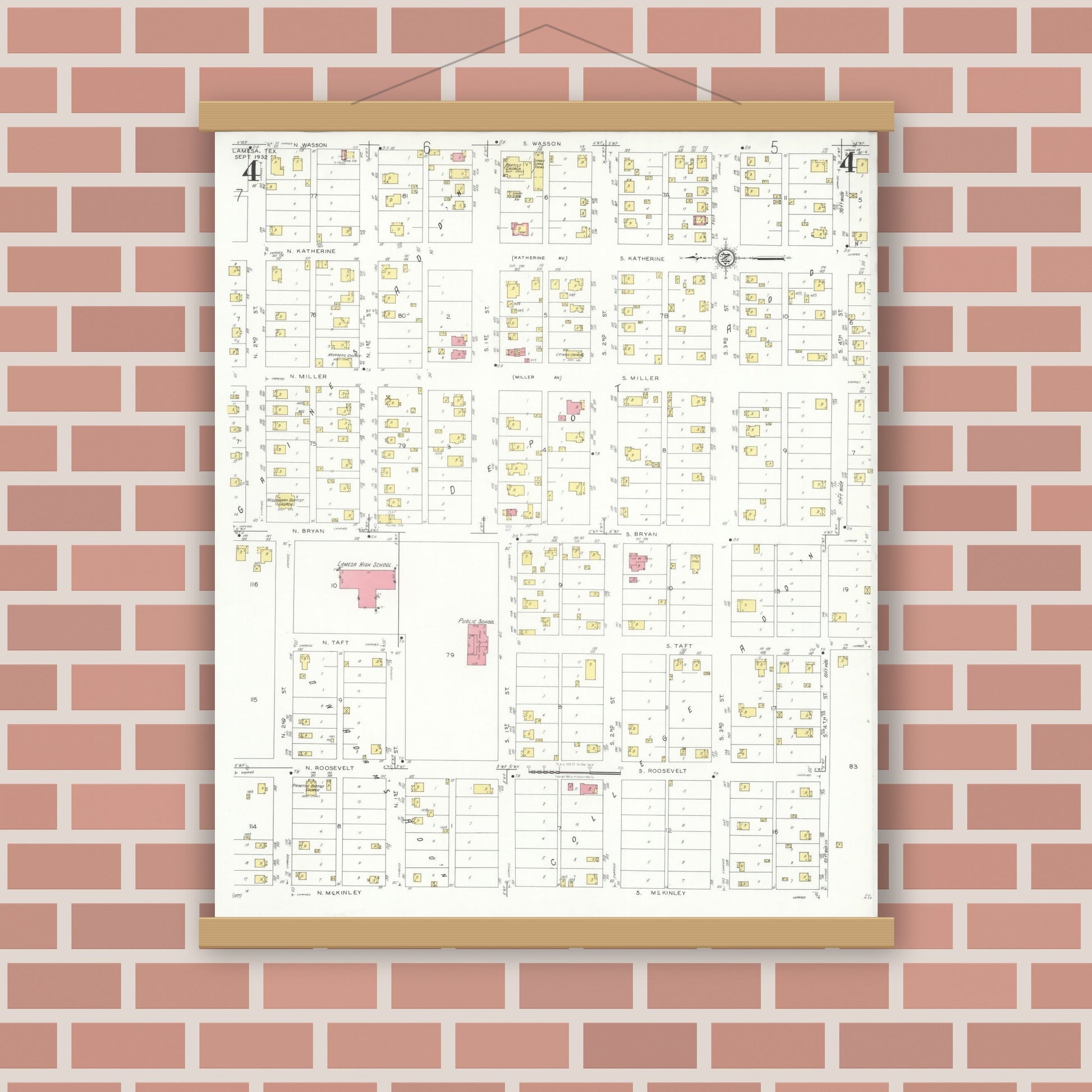 Old map wall art mockup — magnetic wood frame on brick wall — Sanborn Fire Insurance Map from Lamesa, Dawson County, Texas (1932), Sheet #0004