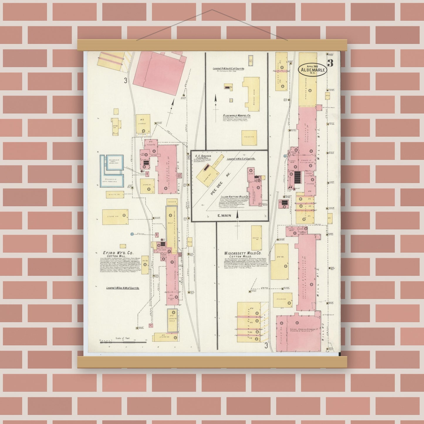 Old map wall art mockup — magnetic wood frame on brick wall — Sanborn Fire Insurance Map from Albemarle, Stanley County, North Carolina (1908), Sheet #0003
