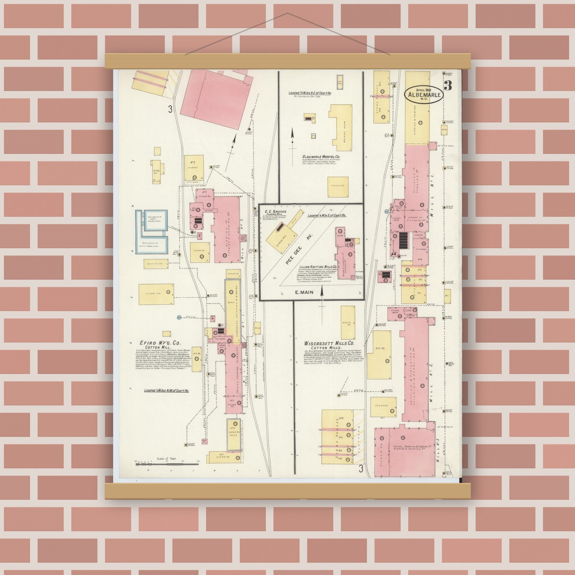 Old map wall art mockup — magnetic wood frame on brick wall — Sanborn Fire Insurance Map from Albemarle, Stanley County, North Carolina (1908), Sheet #0003