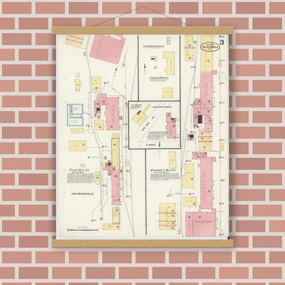 Old map wall art mockup — magnetic wood frame on brick wall — Sanborn Fire Insurance Map from Albemarle, Stanley County, North Carolina (1908), Sheet #0003