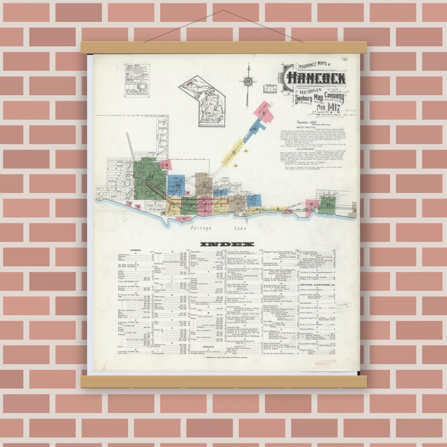 Old map wall art mockup — magnetic wood frame on brick wall — Sanborn Fire Insurance Map from Hancock, Houghton County, Michigan (1917) - Complete Map Set