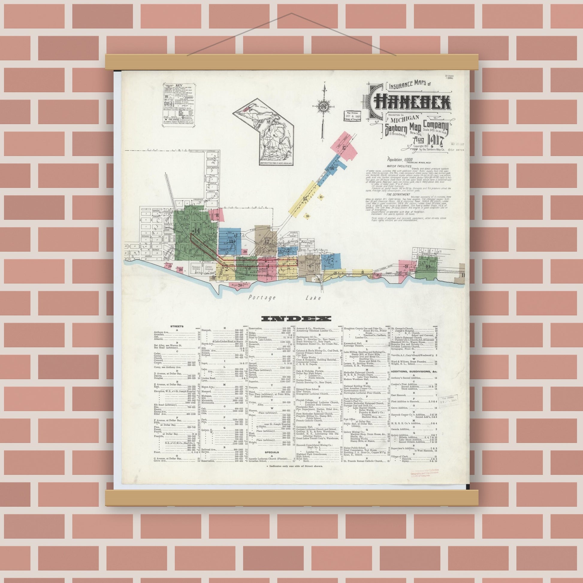 Old map wall art mockup — magnetic wood frame on brick wall — Sanborn Fire Insurance Map from Hancock, Houghton County, Michigan (1917) - Complete Map Set