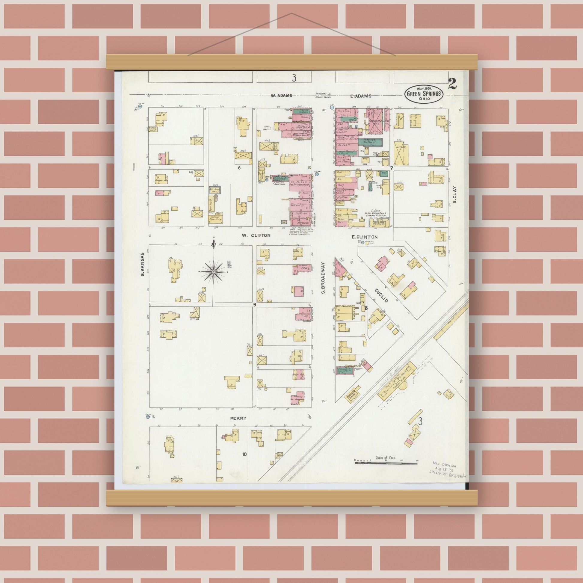 Old map wall art mockup — magnetic wood frame on brick wall — Sanborn Fire Insurance Map from Green Springs, Sandusky And Seneca Counties, Ohio (1906), Sheet #0002