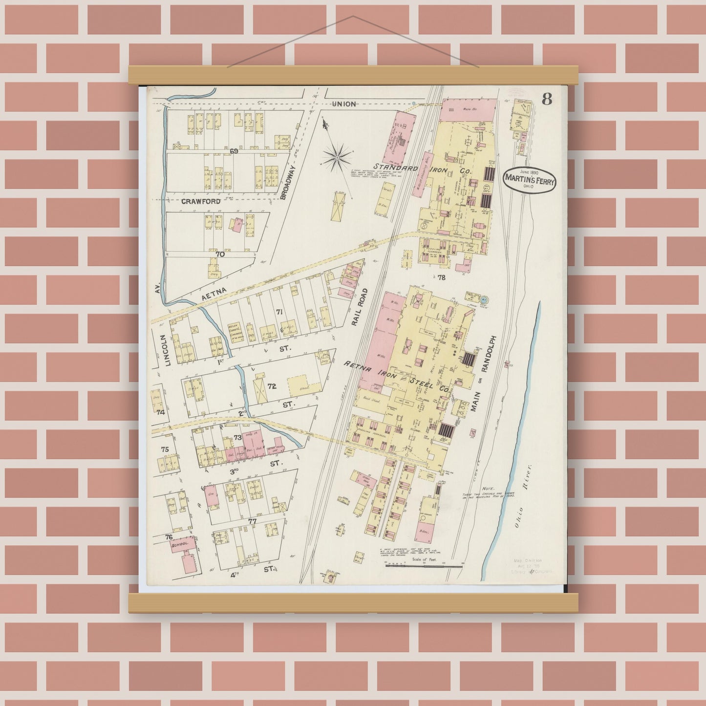 Old map wall art mockup — magnetic wood frame on brick wall — Sanborn Fire Insurance Map from Martins Ferry, Belmont County, Ohio (1890), Sheet #0008