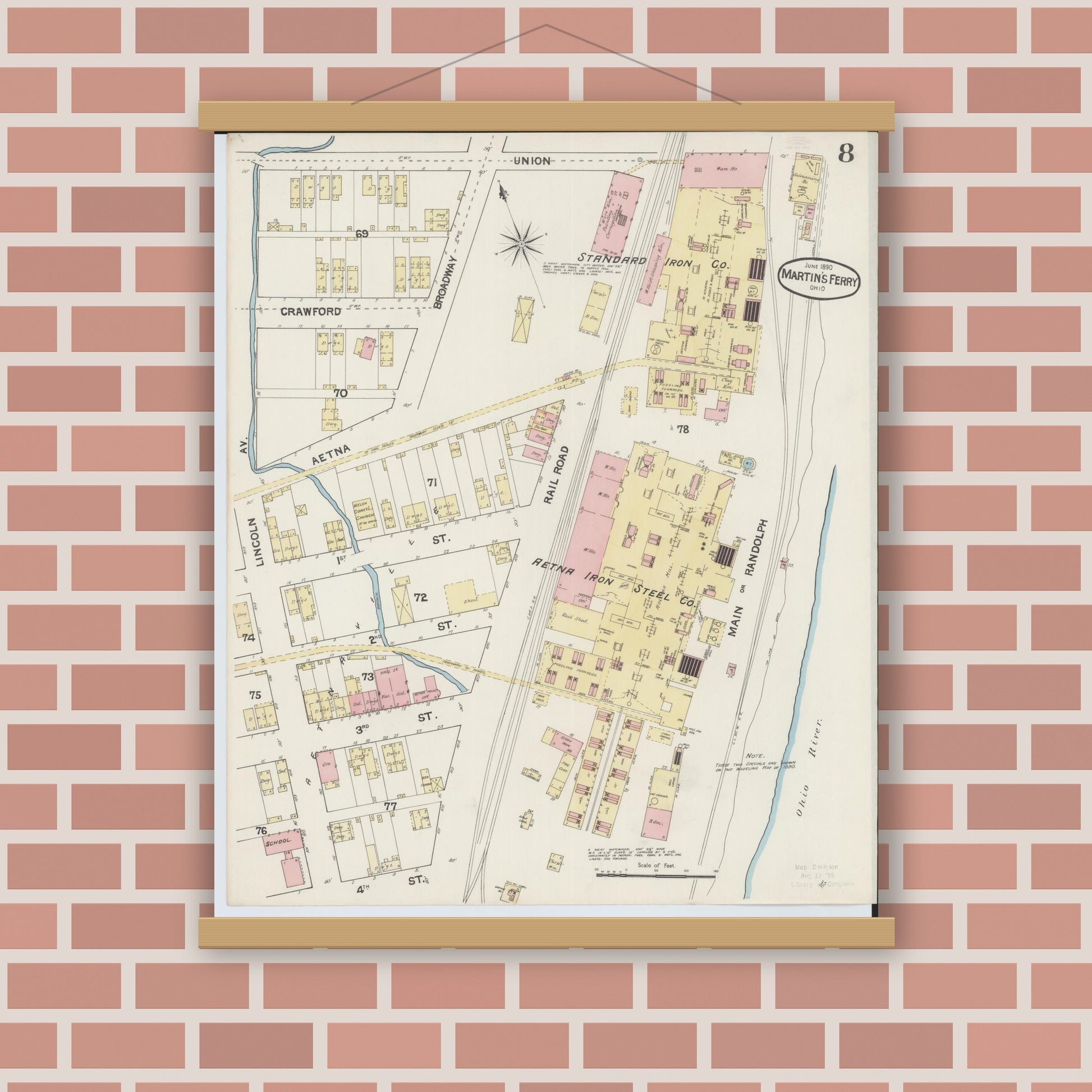 Old map wall art mockup — magnetic wood frame on brick wall — Sanborn Fire Insurance Map from Martins Ferry, Belmont County, Ohio (1890), Sheet #0008
